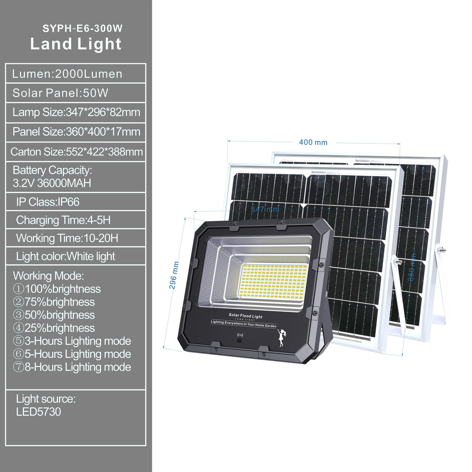 Luz terrestre solar exterior / Luz LED solar / Luz de inundación solar 300W